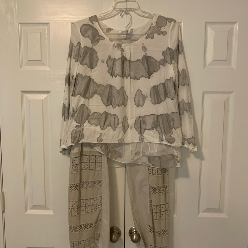 Gray and White Tie-Dye Top and Pants Set